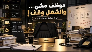 توثيق إجراءات العمل داخل الشركات، مكتب موظف غائب وطلبات متوقفة مع مخطط يوضح مراحل الموافقات ونظام Workflow